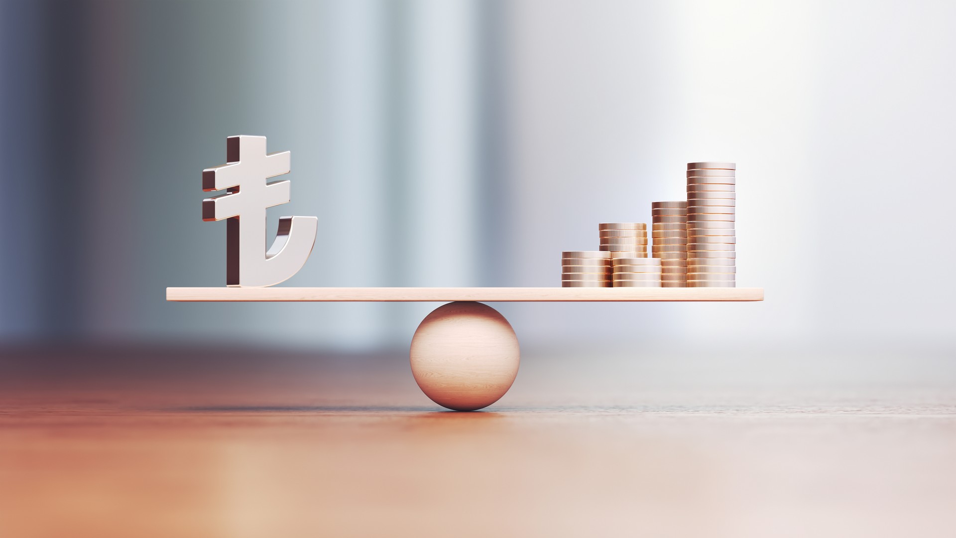 Turkish Lira Symbol and metal coins on Wooden Balance Scale Depth Of Field