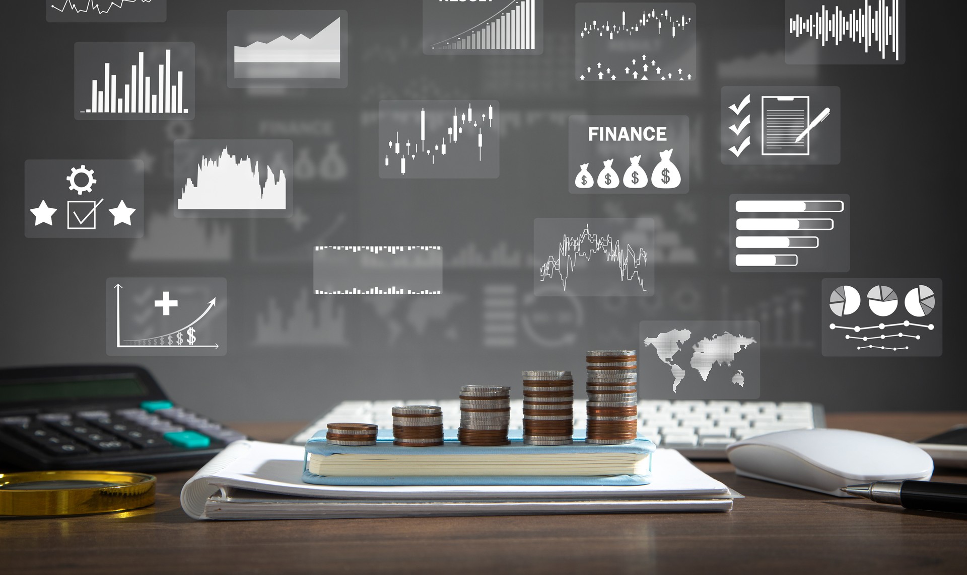 Coins with a growth graphs. Business